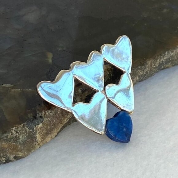 Vintage Sterling Silver 925 1.5" Stacked Hearts Blue Lapis Brooch - Picture 16 of 16